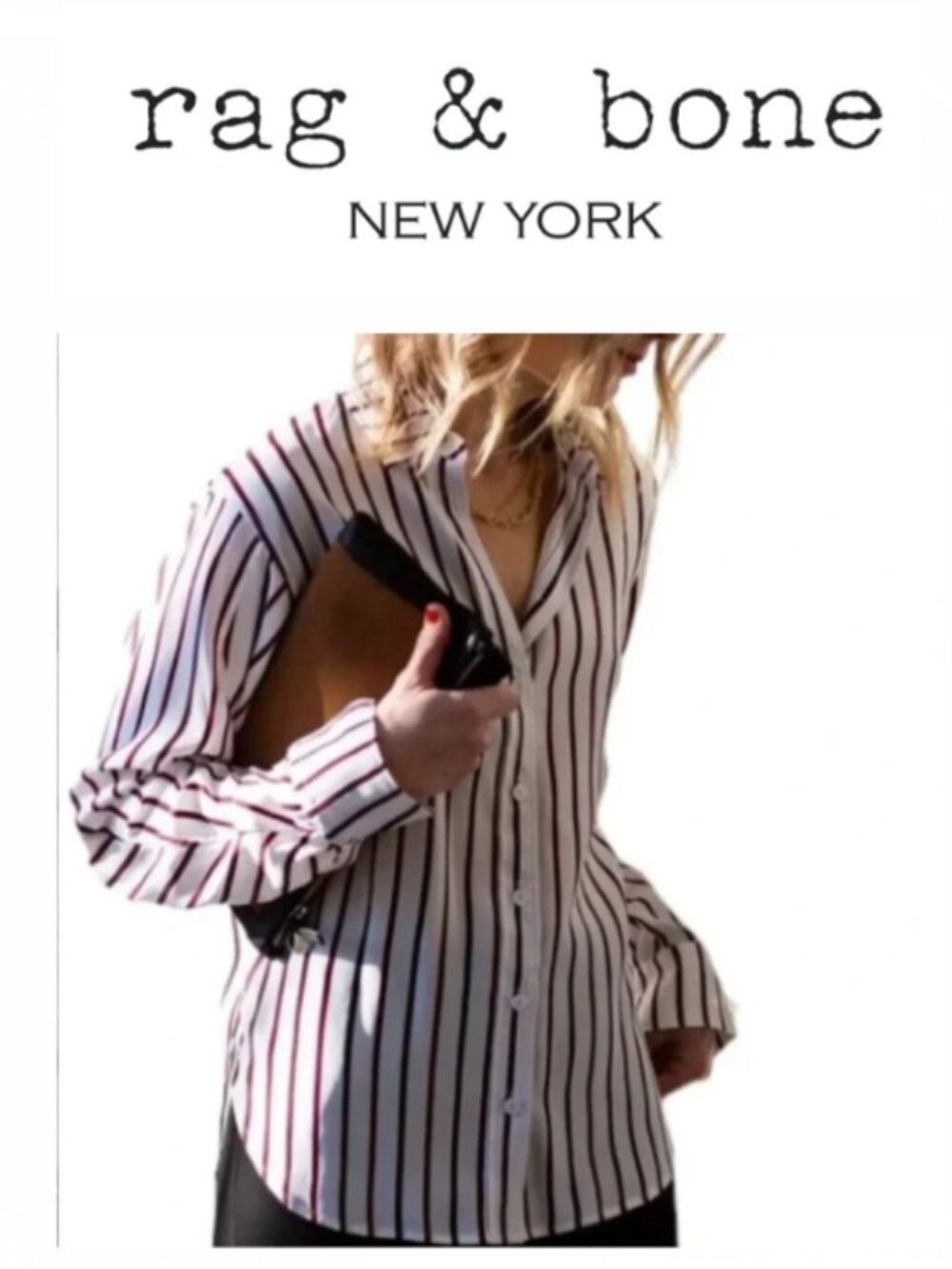New Rag & Bone White Red Striped 100% Silk button down shirt L 10-12